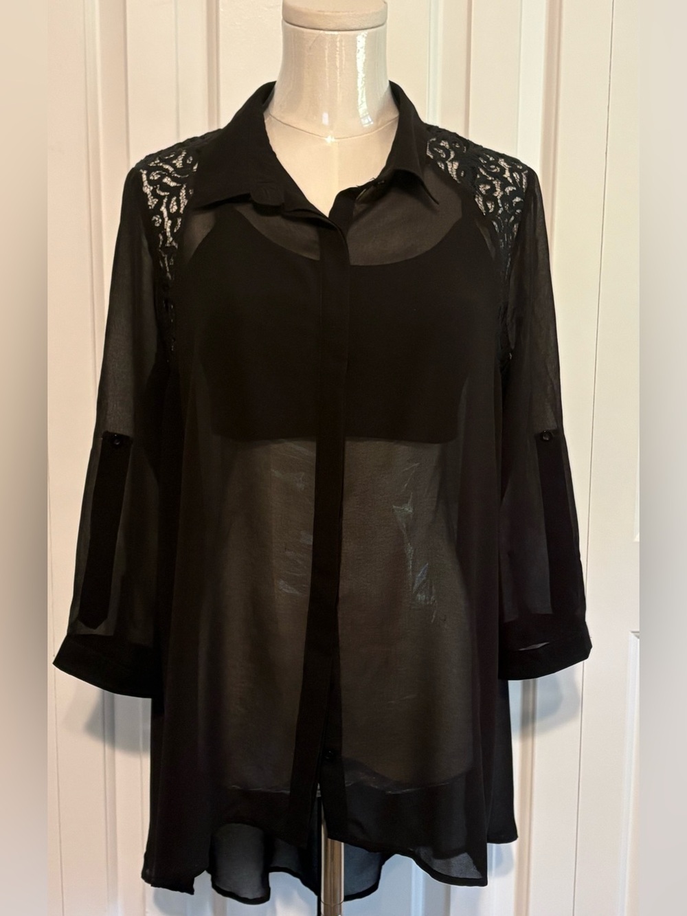 PRISTINE, Sheer Black Lace-Shoulder Button-Down Top